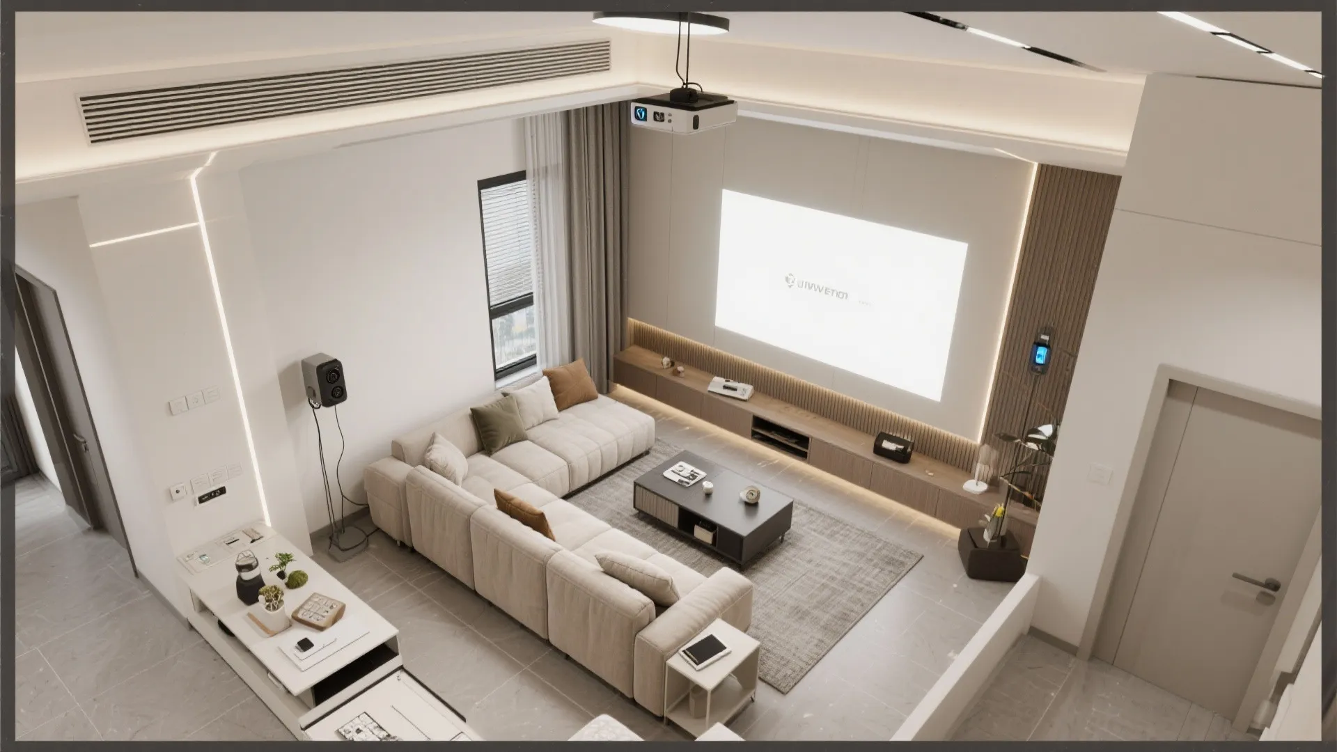 Top-down planning render showing L-shaped layout, projector placement, cable paths, and light control zones.