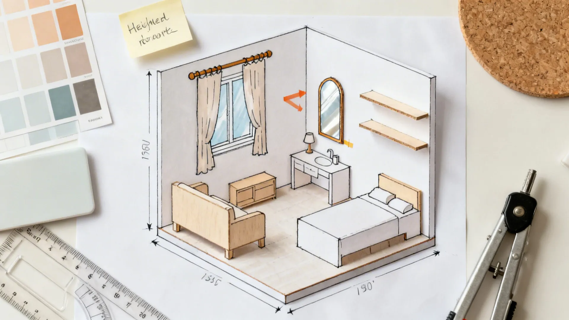 Top-down planning board with scale sketch, mirror placement, shelf positions, and light palette swatches.