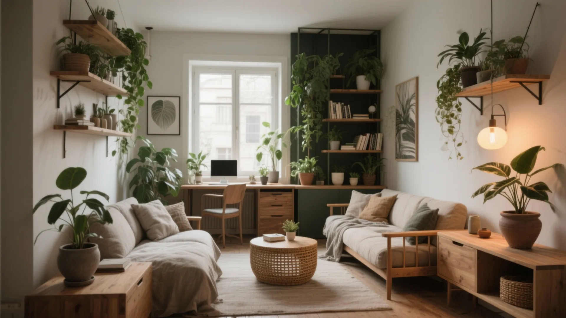 Cozy living room with two beige sofas wooden desk many green plants and a window
