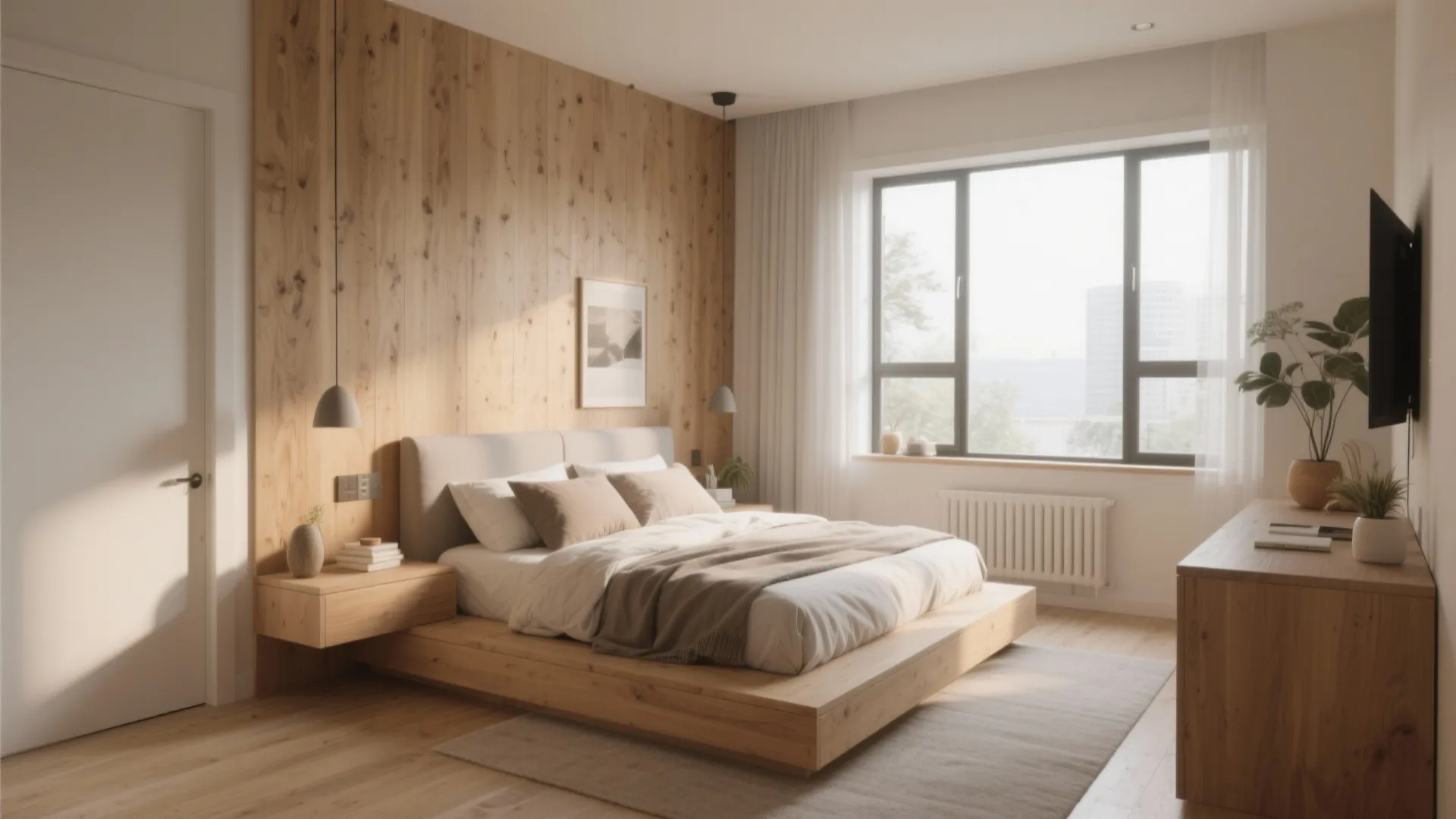 Minimalist bedroom design with wood wall paneling low platform bed large window and natural light