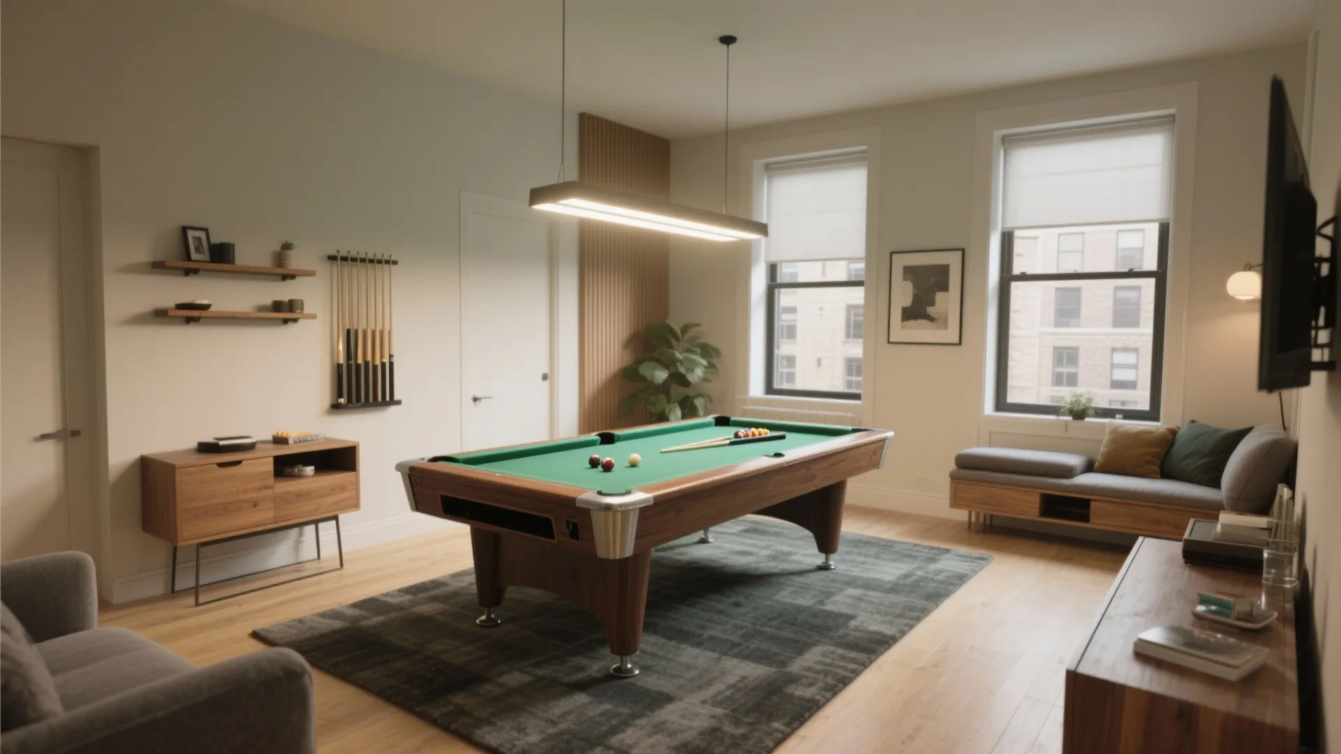 Pool table set on a grey rug in a bright room with windows and sofa seating