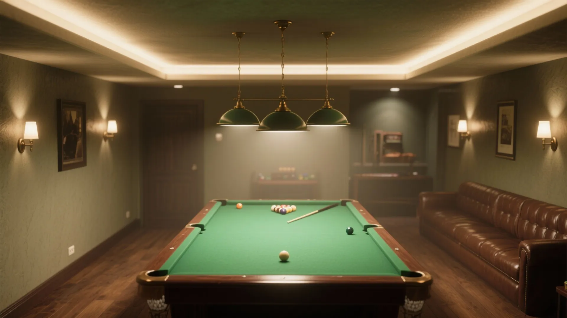 Traditional pool room with green table three ceiling lights brown leather sofa and wall lights