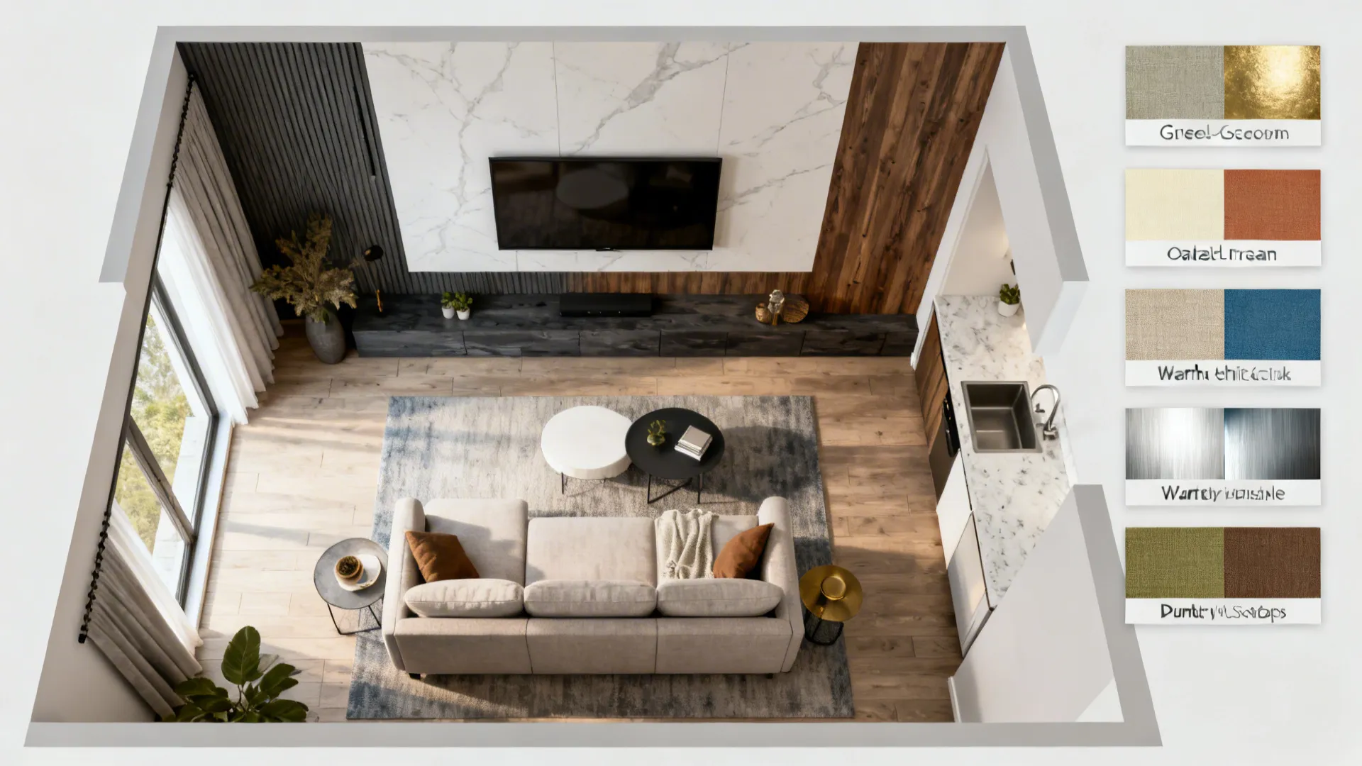 Top-down view of small drawing room zones with color swatches and an L-shaped kitchenette flow cue.