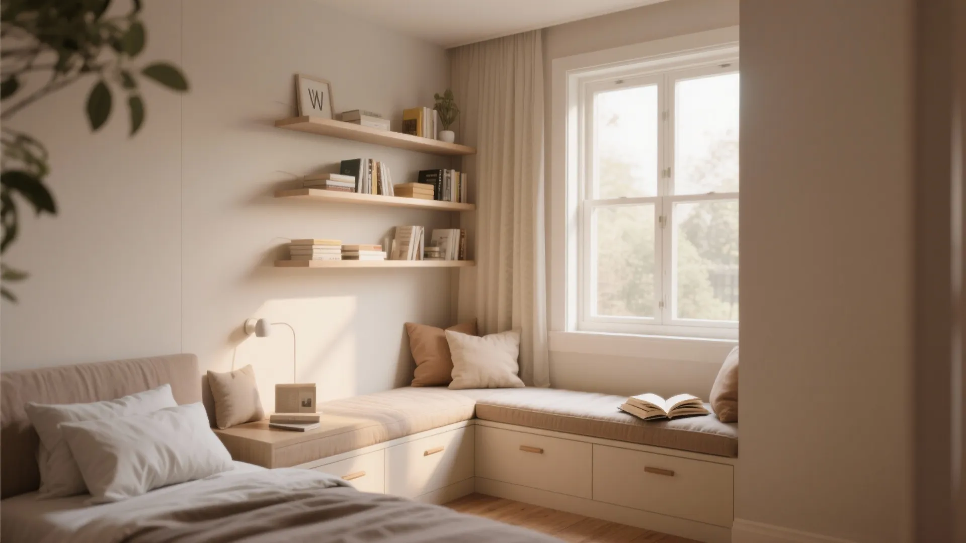 Cozy window seat with built-in storage drawers wooden wall shelves books and soft morning sunlight