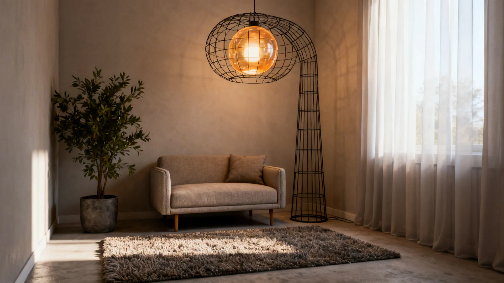Large black wireframe light fixture over a small beige sofa with a green potted plant
