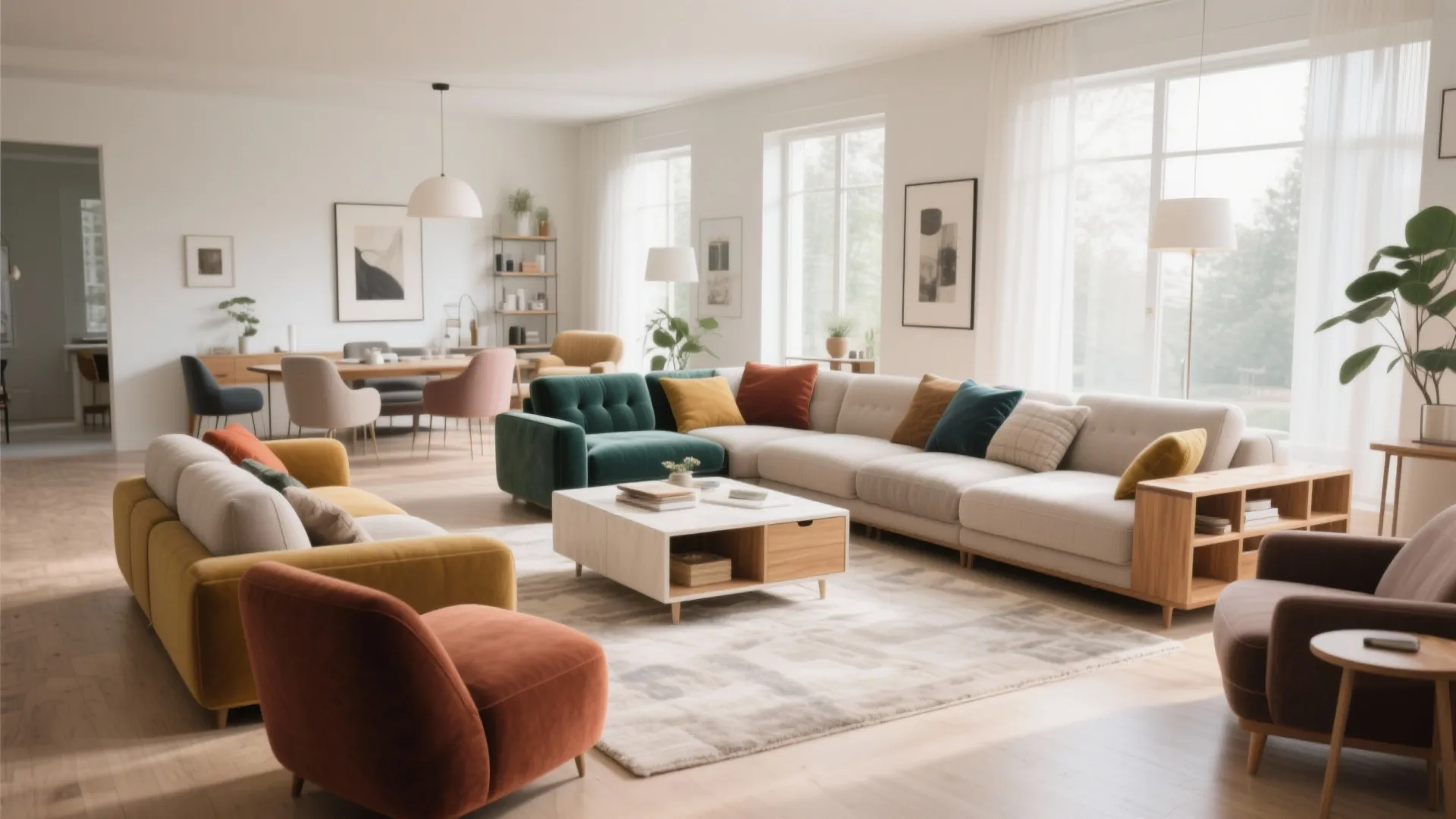 Bright open living room with colorful sofas white coffee table wooden floor and dining area view