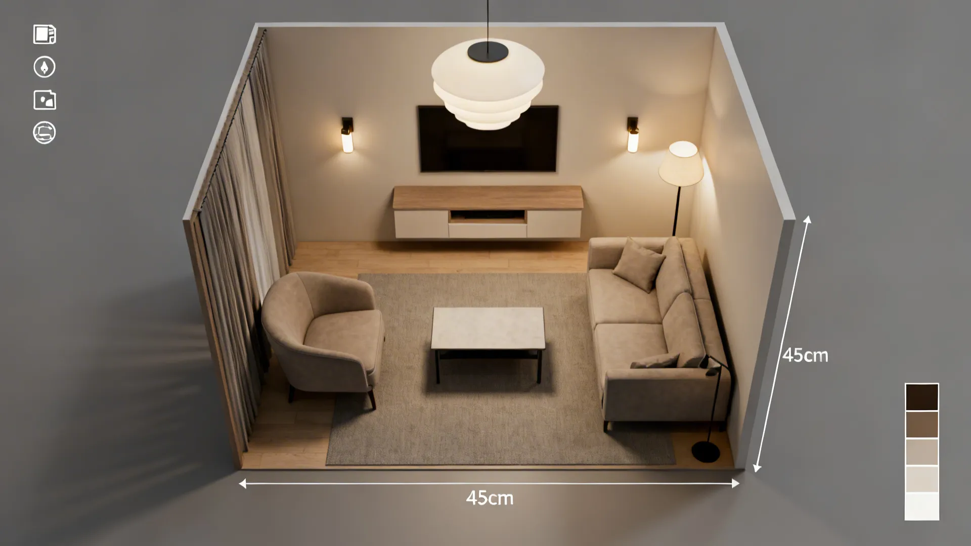Top-down summary plan showing seating, built-in wall, and layered lighting in a compact living room.