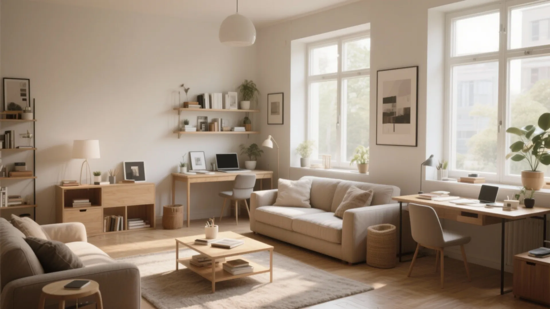 Bright living room layout with cream sofa wooden coffee table two desks and large windows