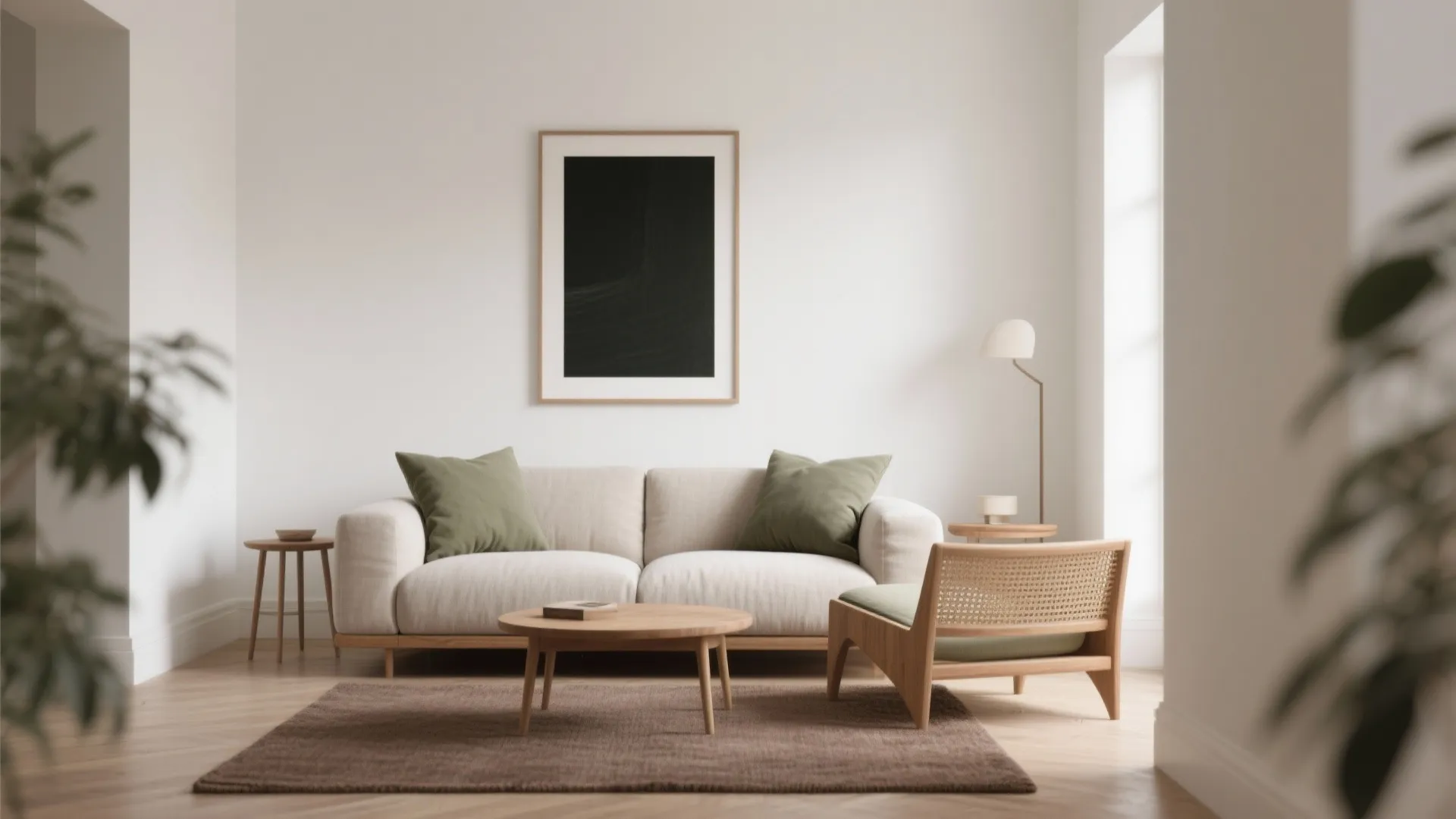 Minimalist living room featuring beige sofa green pillows wooden coffee table and black wall art