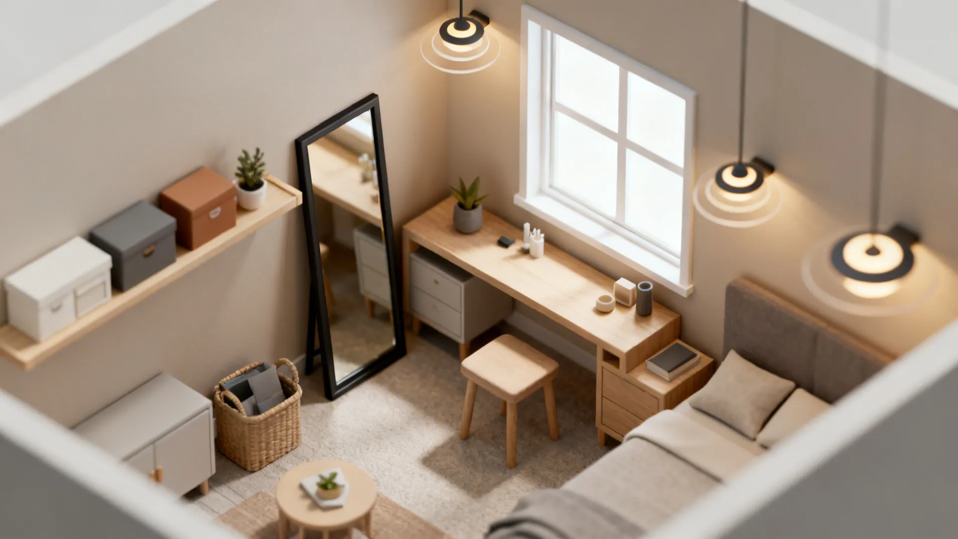 Top-down vignette summarizing storage, palette, mirror, lighting, and flexible layout.