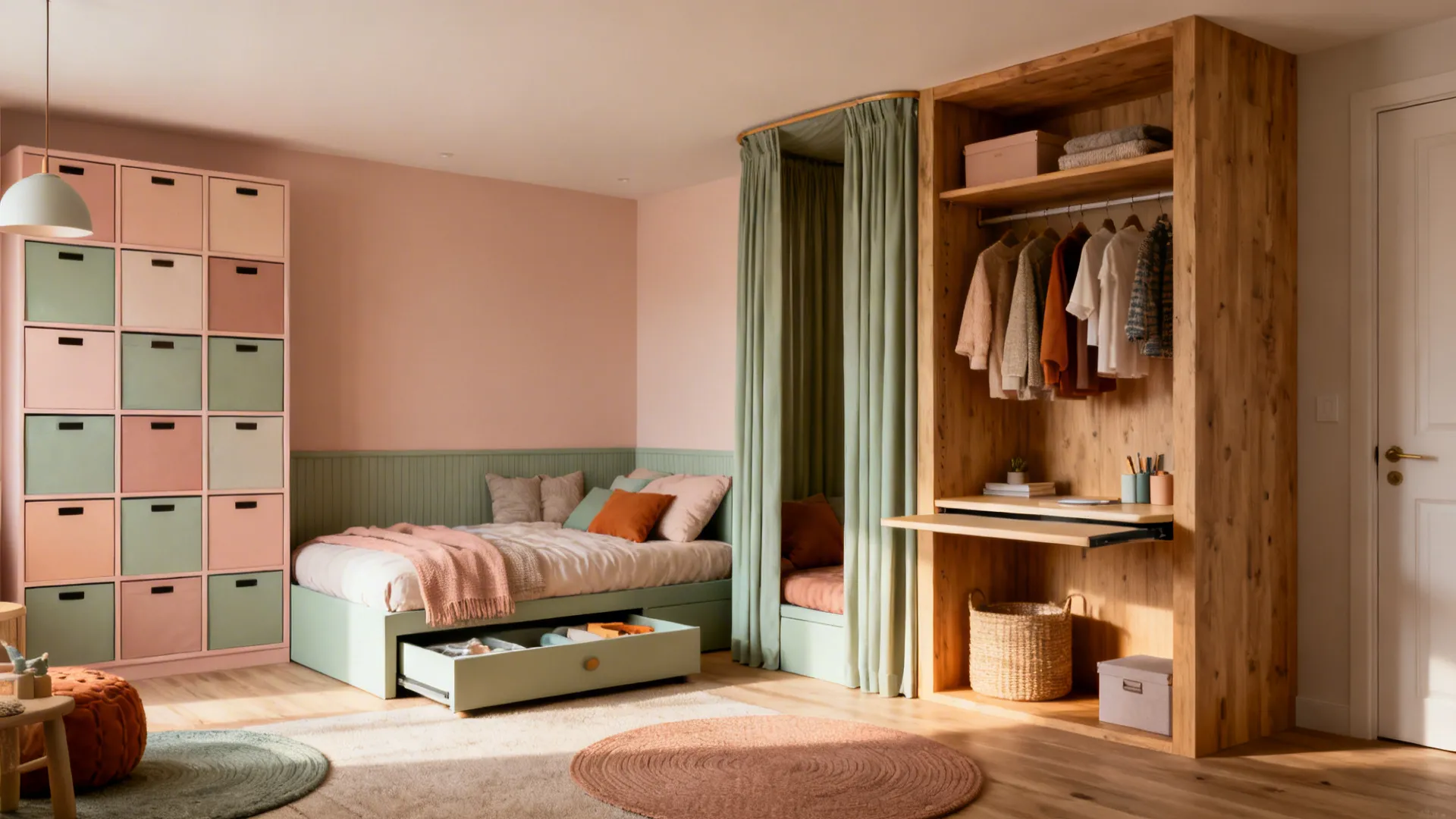 Compact toddler room showing storage wall, daybed, canopy nook, closet desk, and warm lighting together.