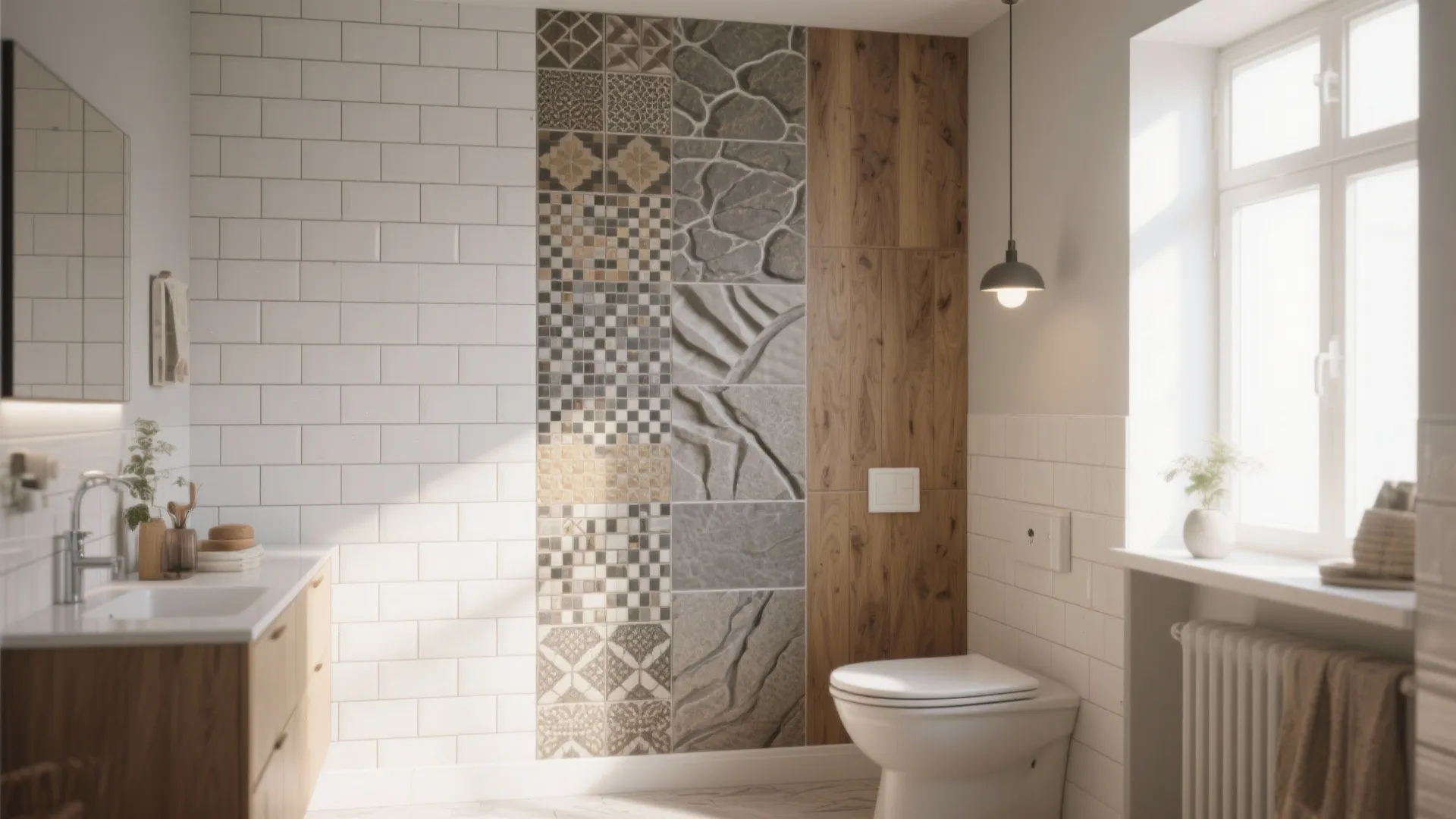 Modern bathroom featuring white subway tiles mixed with decorative patterns and warm wood wall panels
