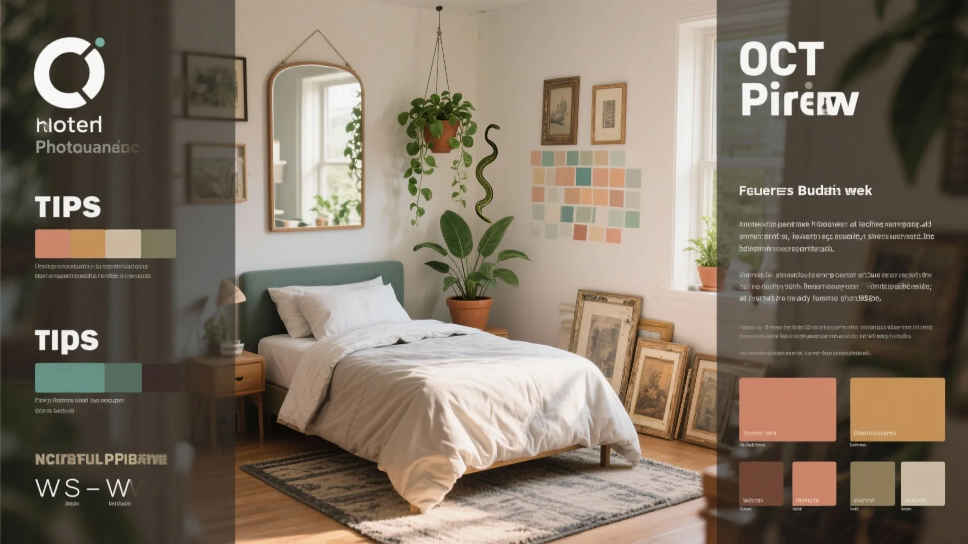 Bedroom design tips layout with color palette swatches wall mirror hanging plants and white bedding
