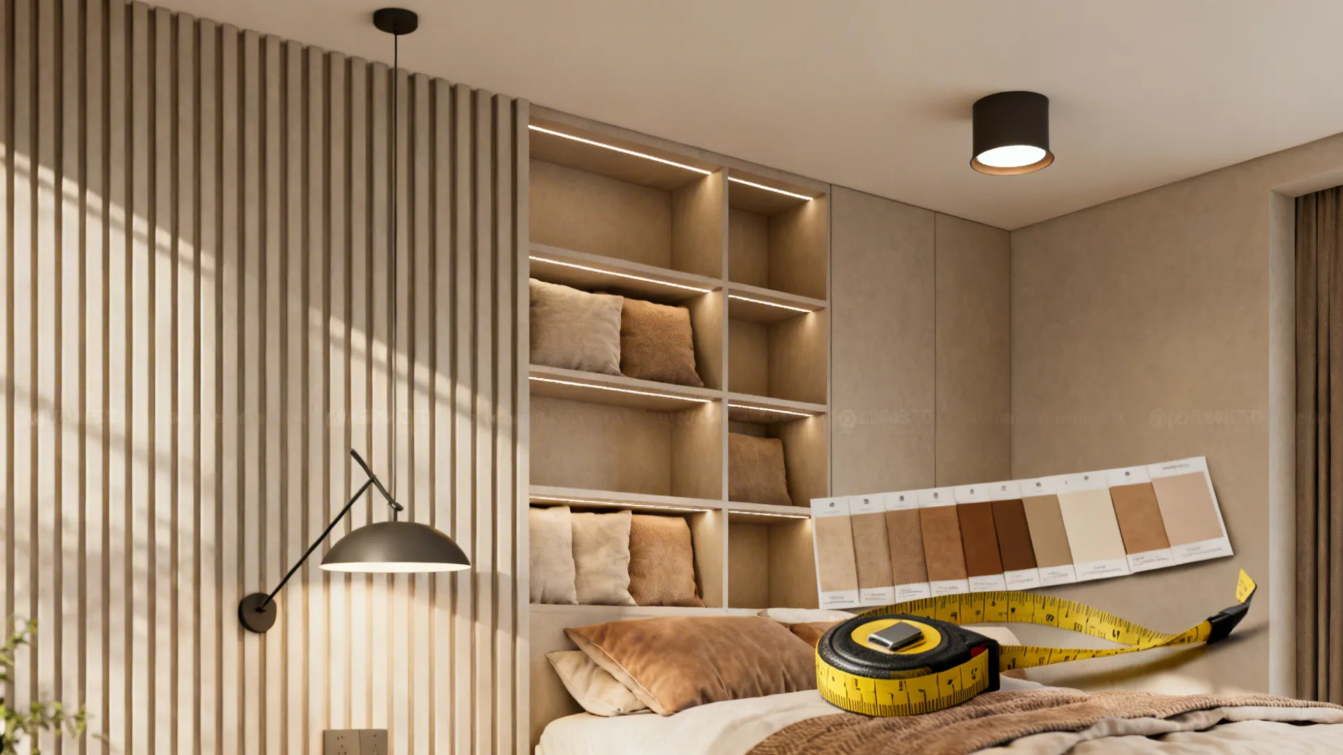 Bedroom with wall panels wall light shelves with pillows color samples and a tape measure