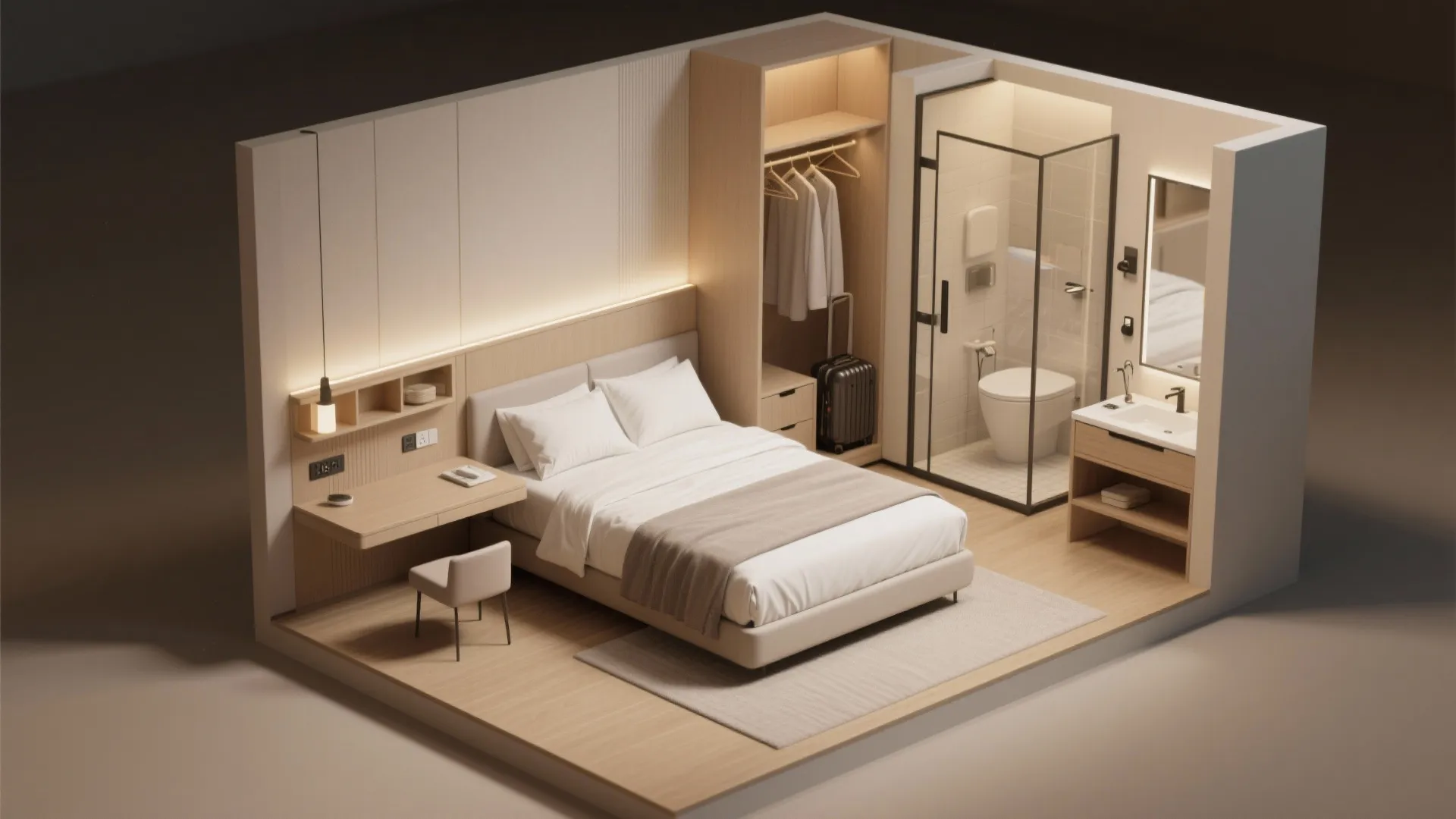 Modern small bedroom design with bed desk closet glass shower toilet and wooden floor layout