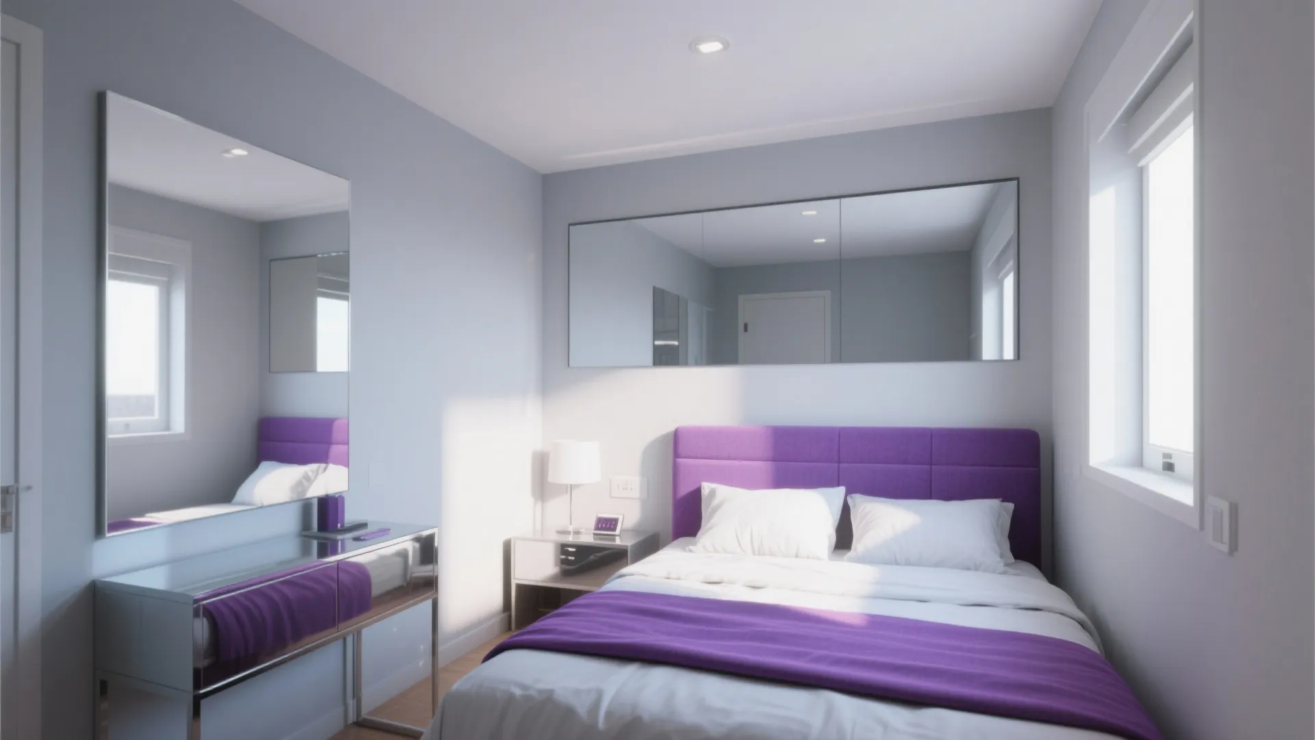Small modern bedroom with purple bed and large mirrors used to create more visual space