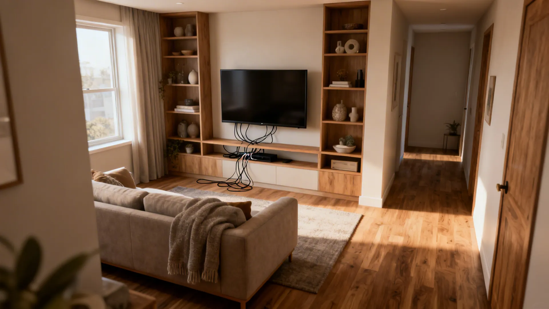 Small living room with wall mounted TV between wooden shelves sofa rug and wooden floor
