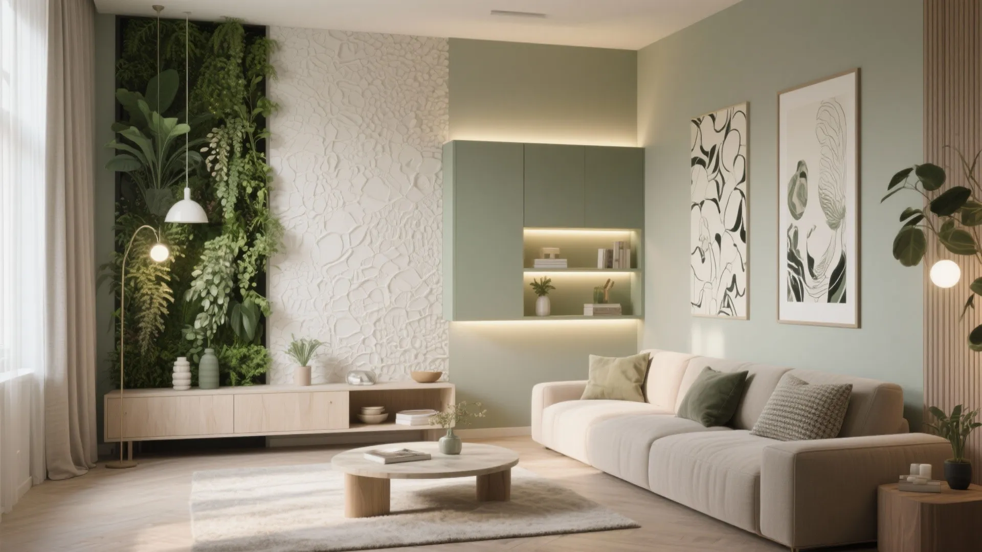 Light green living room with indoor plants, cream sofa, wooden coffee table, and wall panel
