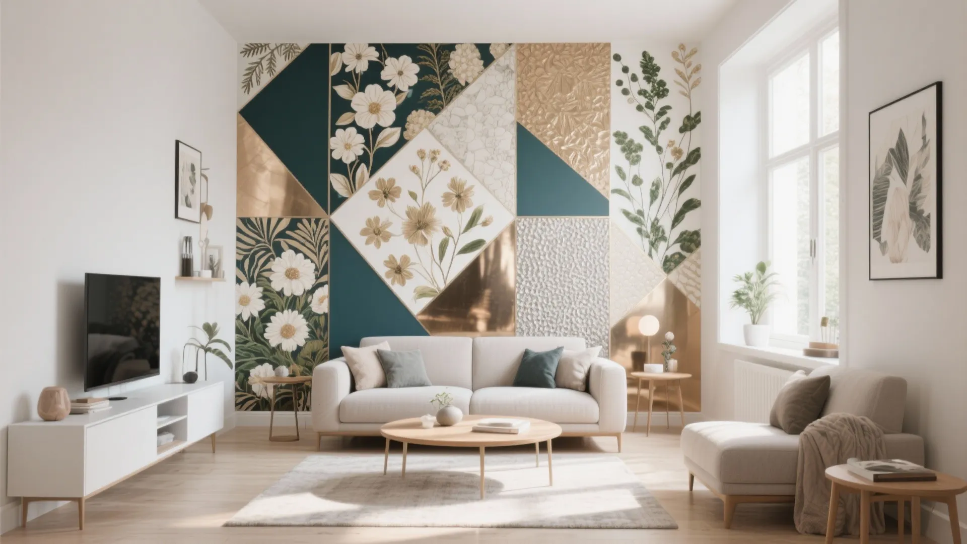 Modern living room featuring white sofa floral geometric pattern wall TV stand and coffee table