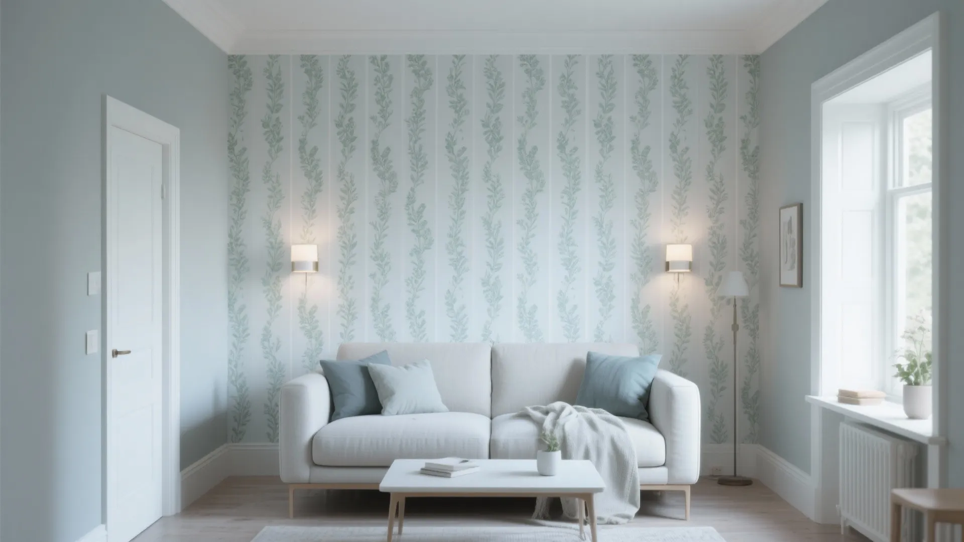 Modern living room with blue leaf pattern wallpaper white sofa coffee table and wall lights