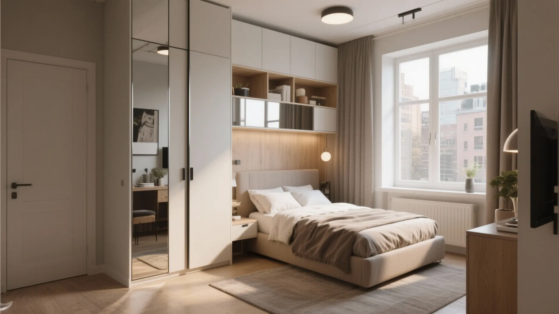 Small bedroom featuring white cabinet with mirrors wooden shelves beige bed and bright window with curtains