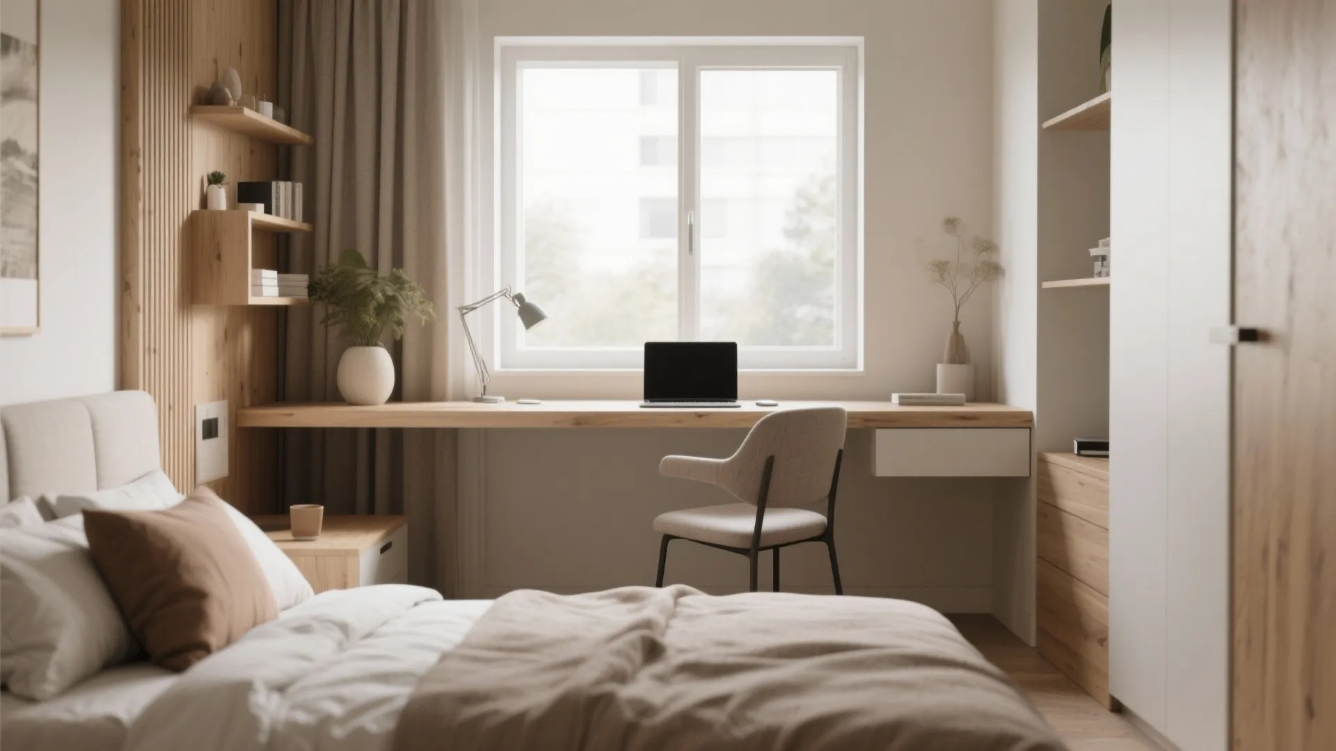Small bedroom with floating desk under window and cozy workspace