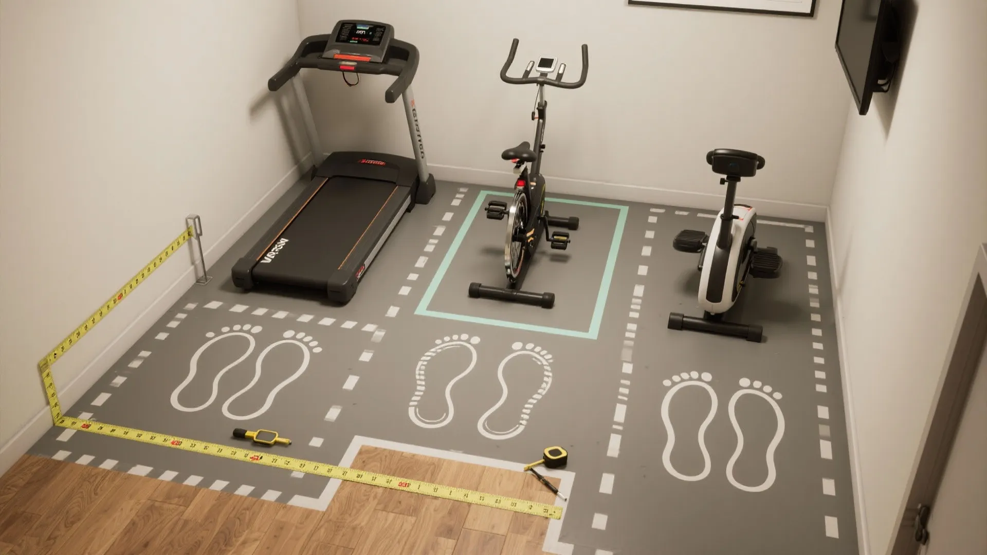 Small home gym layout with treadmill stationary bike and exercise machine on marked floor zones