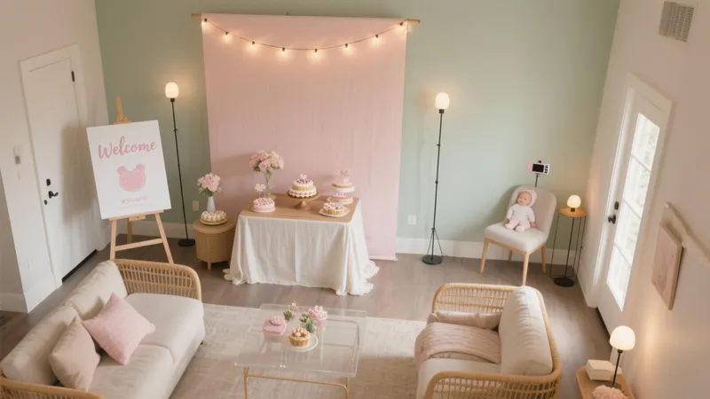Soft Pink Baby Shower Living Room Setup