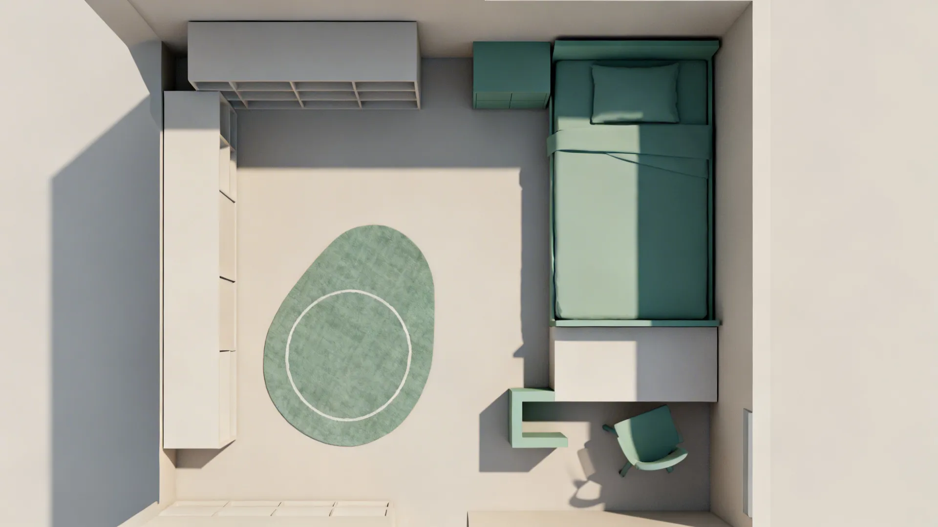 Top-down view of a small bedroom plan showing bed, desk, play area, and storage zones.