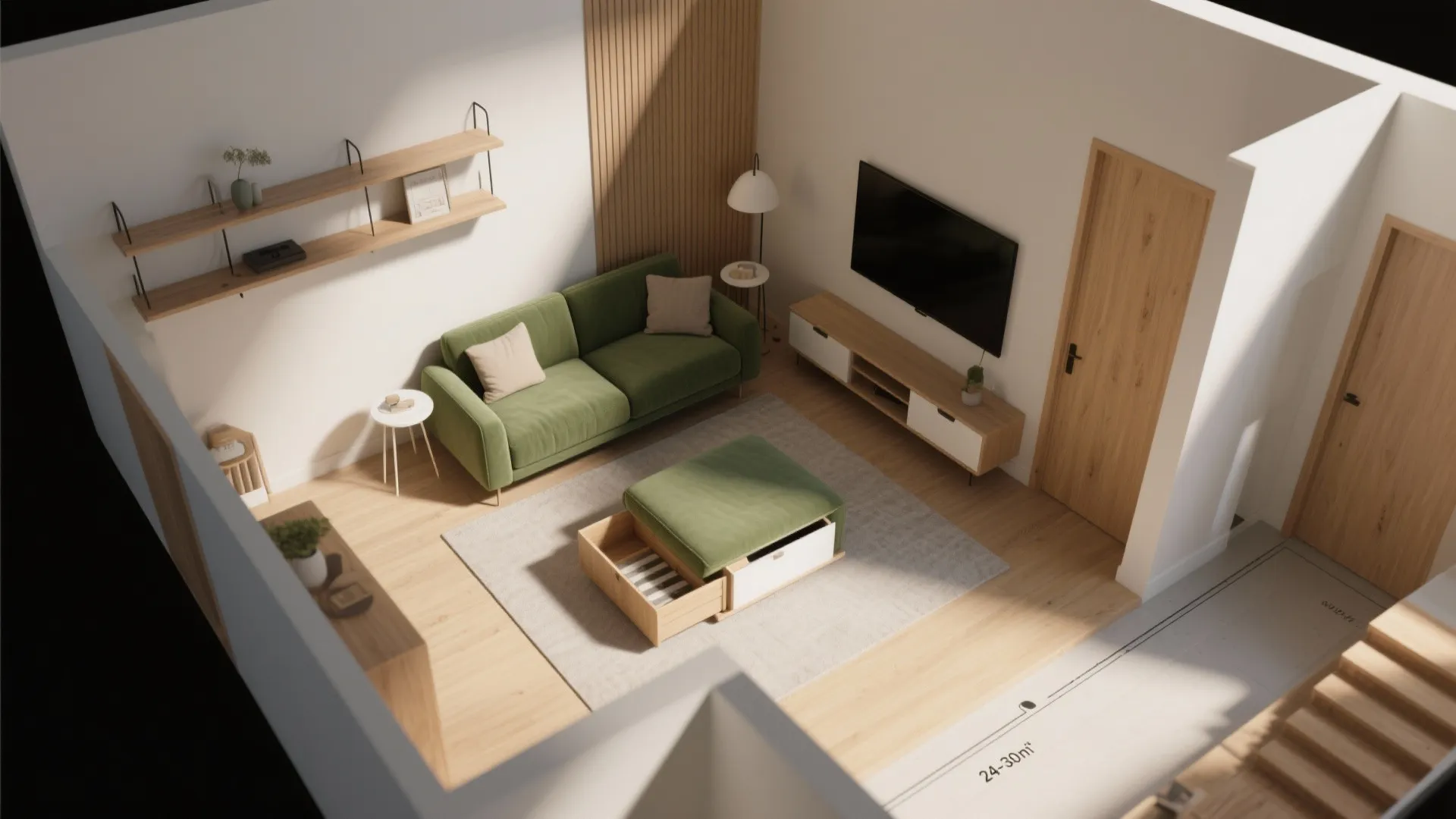 Small living room interior design drawing with green sofa, wooden floor, television, shelves, and door