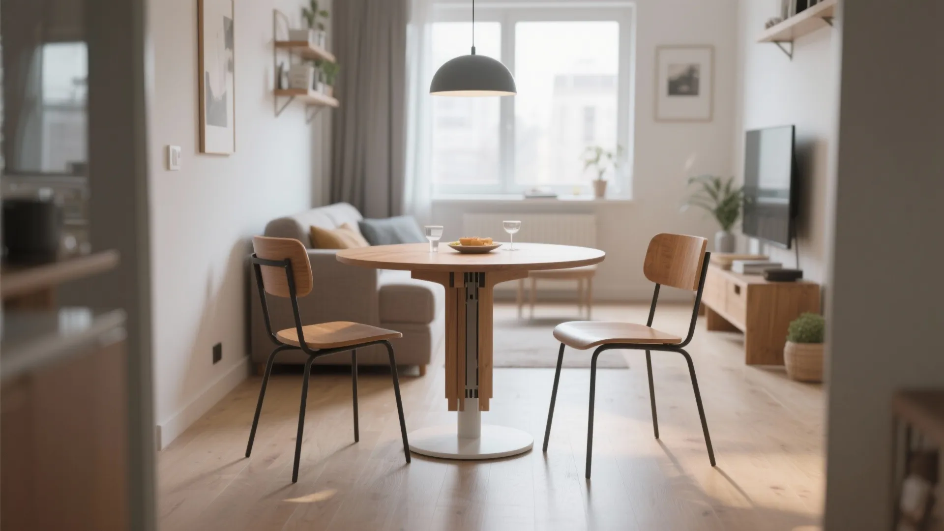 Small round table dining setup in open-plan space