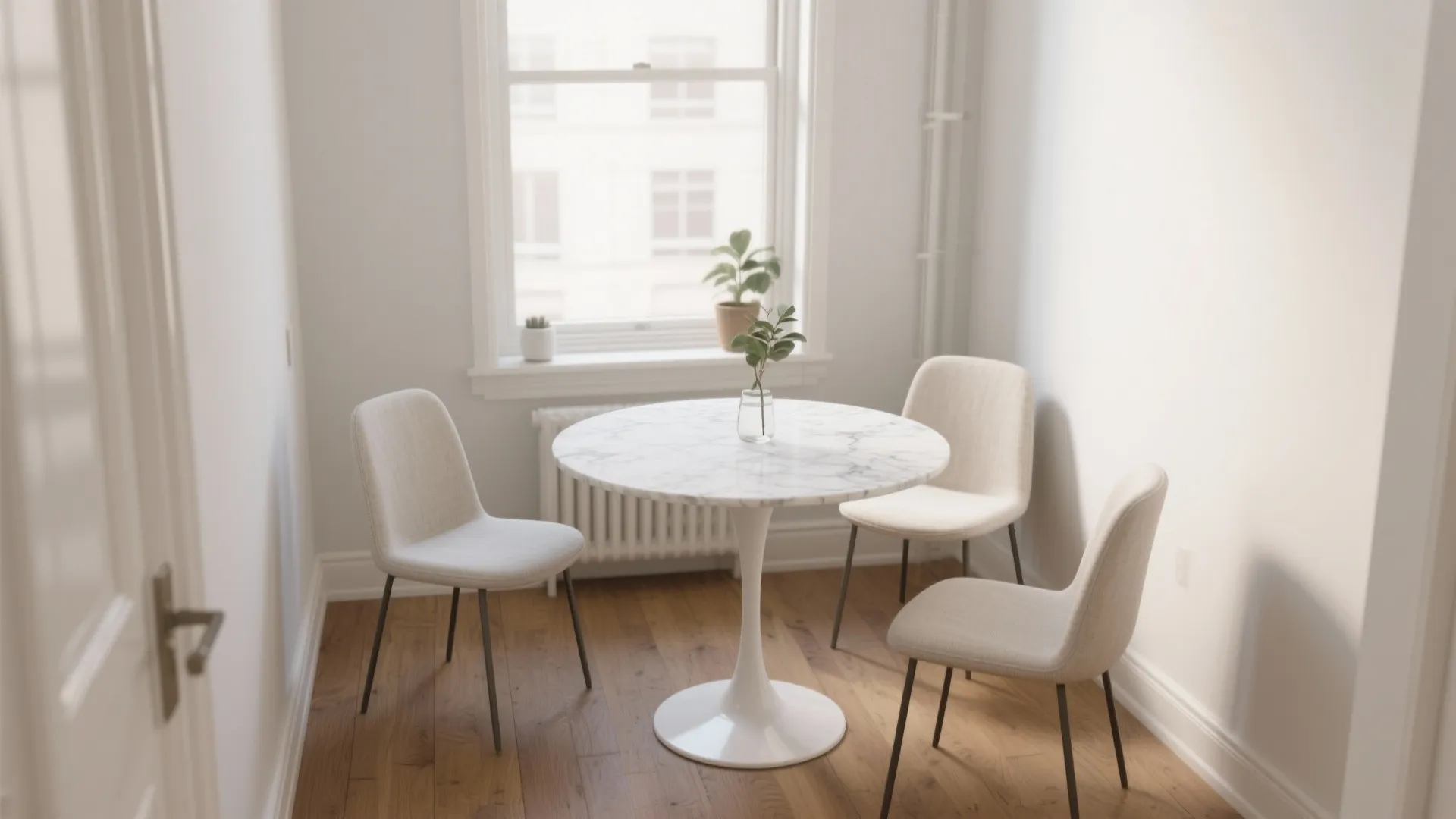 Minimalist dining area with round marble table three white chairs wooden floor and bright window