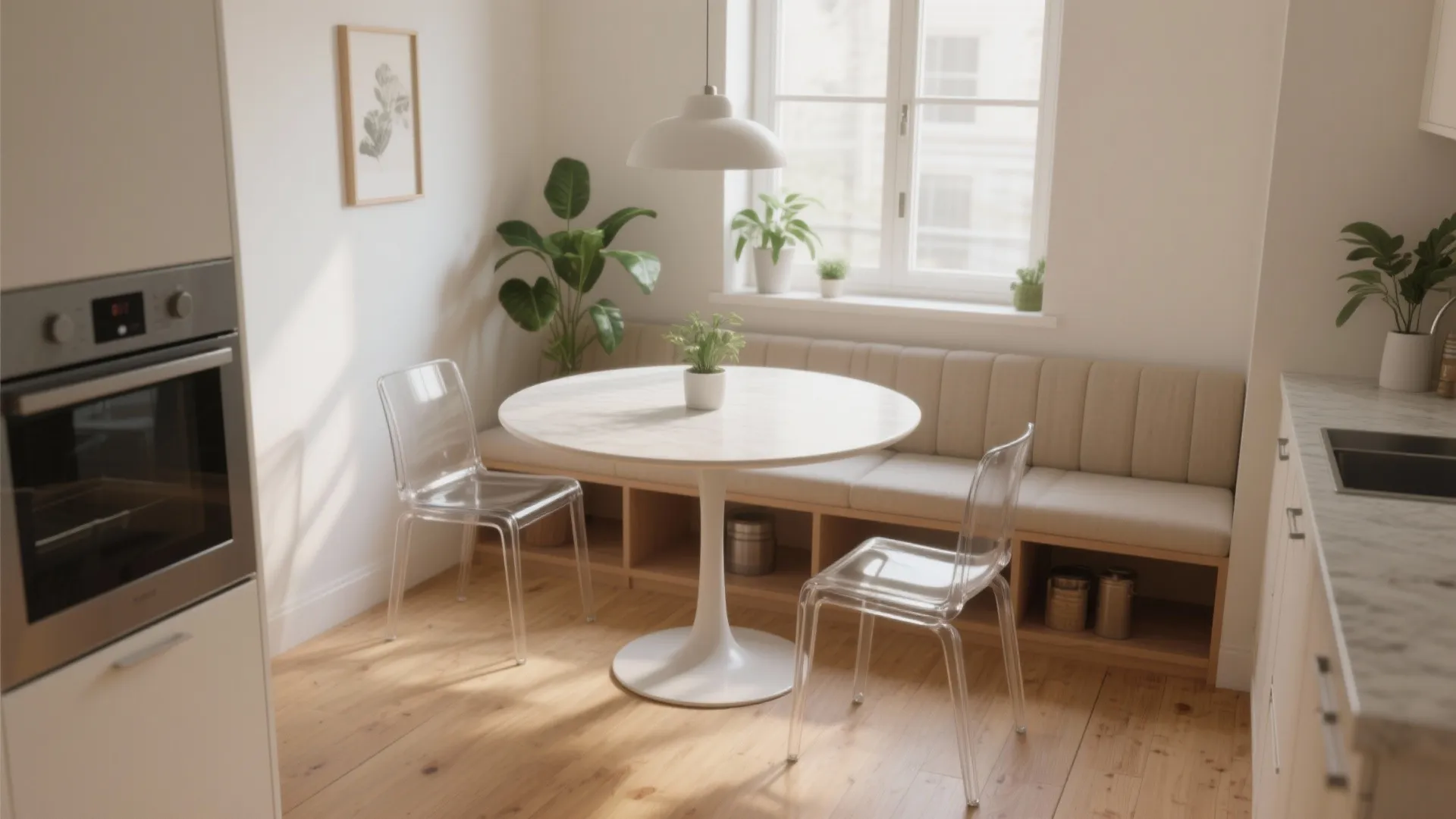 Modern dining nook with white round table, built-in bench seating, transparent chairs, and natural light