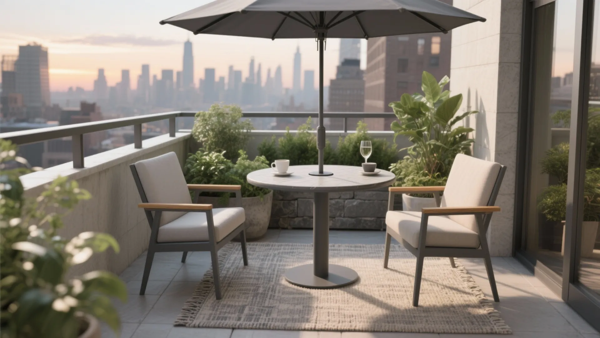 Modern rooftop balcony with small round table chairs umbrella rug and city view at sunset