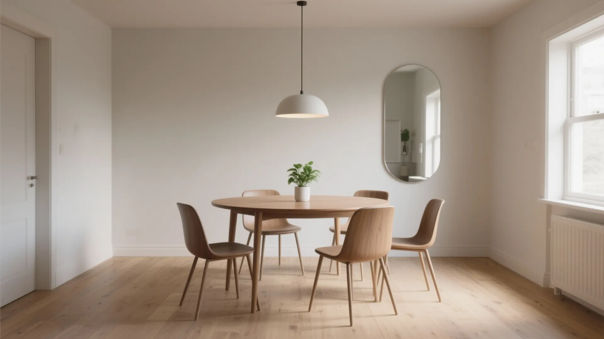 Round wooden dining table with four chairs under white ceiling light in a bright room