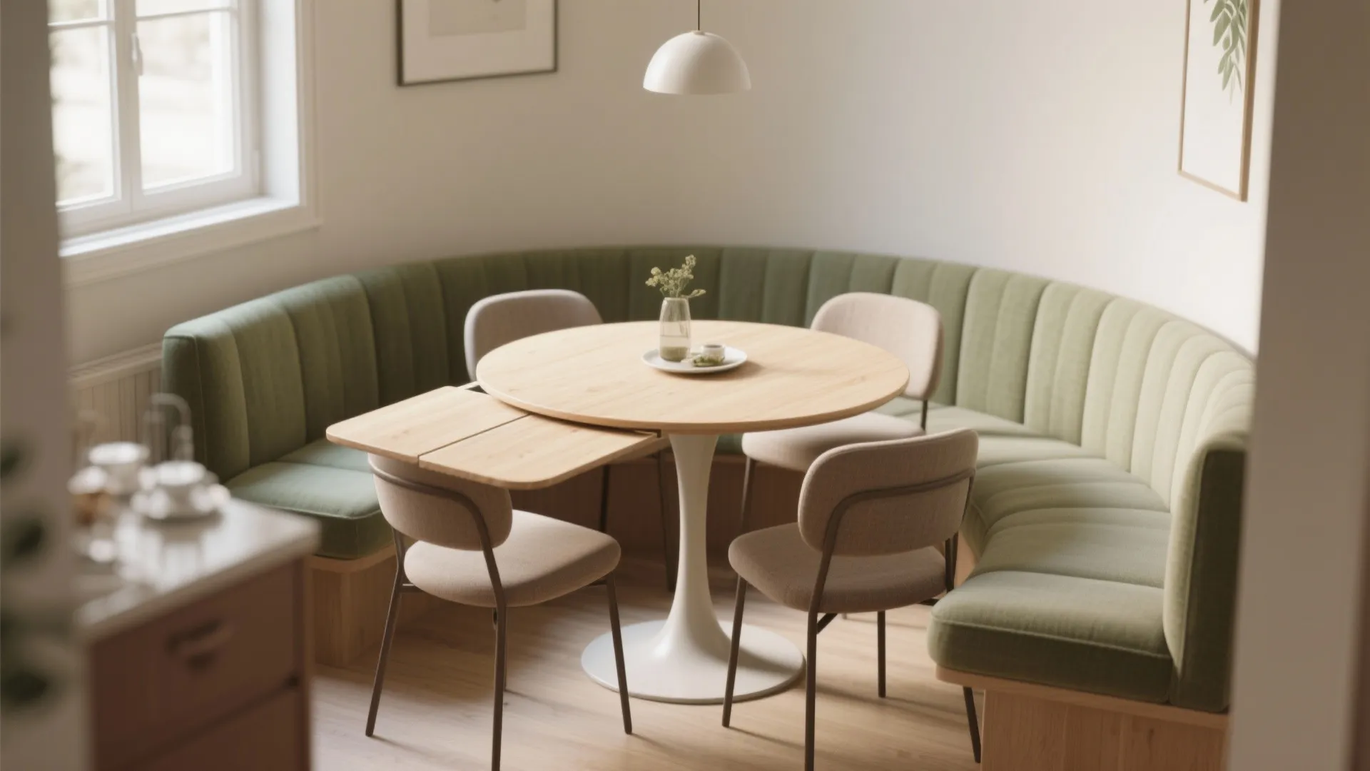 Round wooden table with chairs and a green curved sofa in a bright dining room