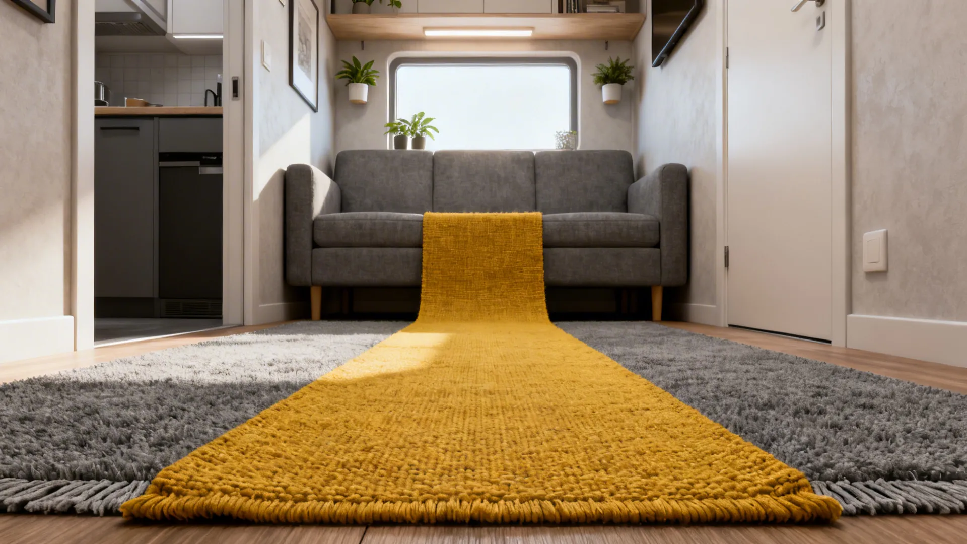 Micro-apartment with a narrow mustard yellow runner in front of a grey loveseat creating visual elongation