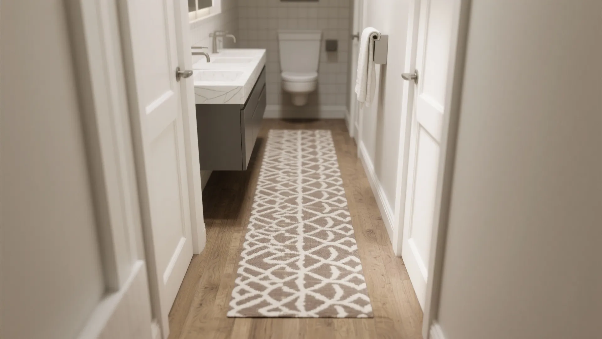 Long narrow bathroom with a patterned rug on wood floor between white doors and toilet