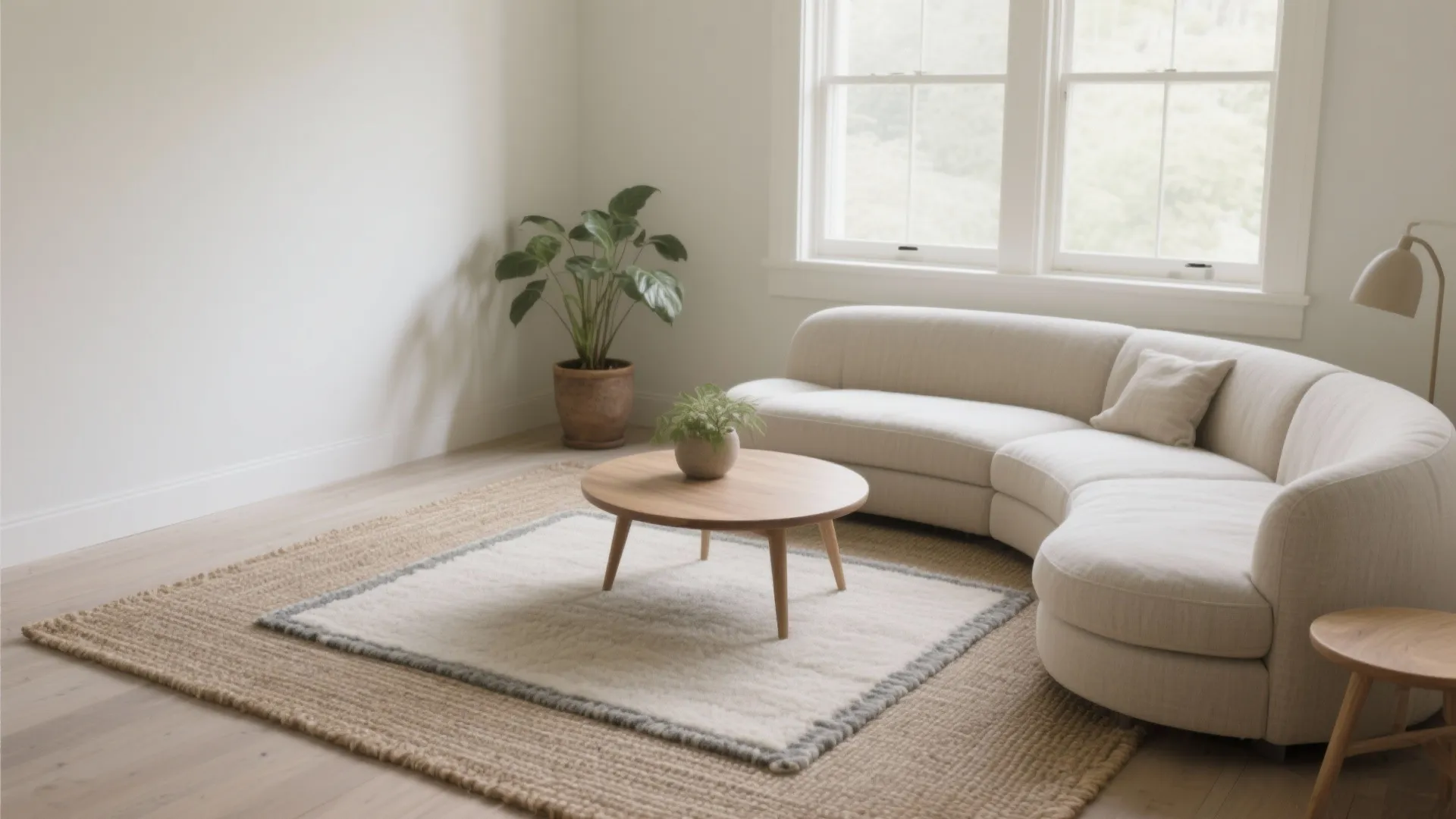 Modern living room features curved white sofa wooden coffee table and layered rugs near bright window