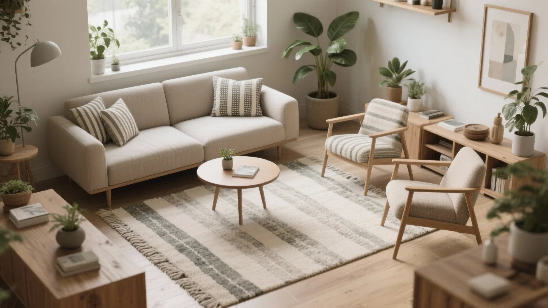 Bright living room with striped rug, beige sofa, wooden coffee table, armchair, and green plants