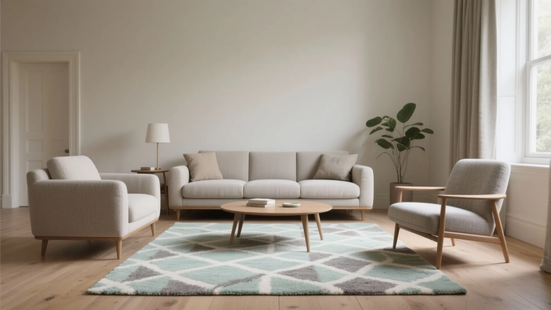 Minimalist living room with beige sofa wooden coffee table patterned rug and green floor plant
