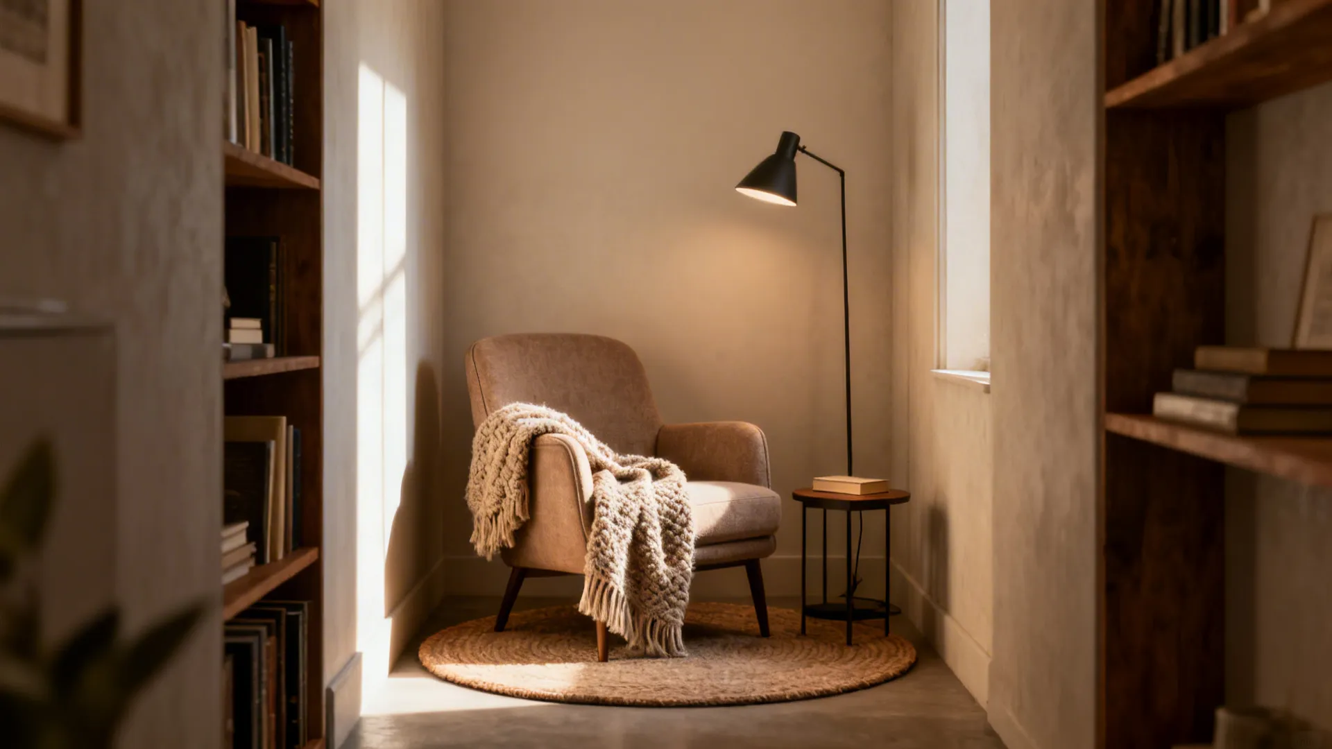 Cosy reading corner with a brown armchair black floor lamp round rug and wooden bookshelves