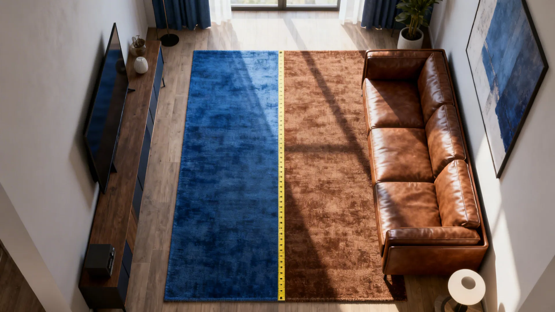 Overhead view showing a blue and brown rug placed between a leather sofa and cabinet