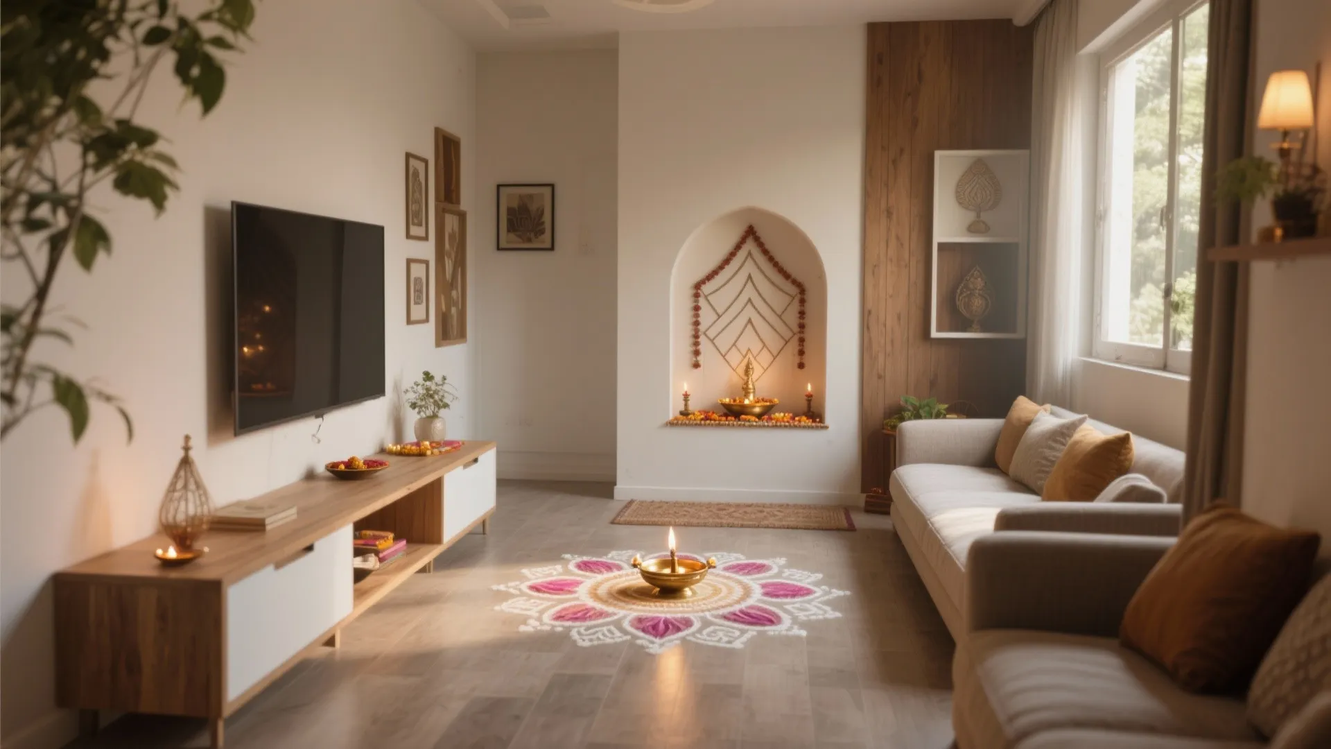Modern living room with colorful floor pattern decoration sofa television wood cabinet and natural sunlight