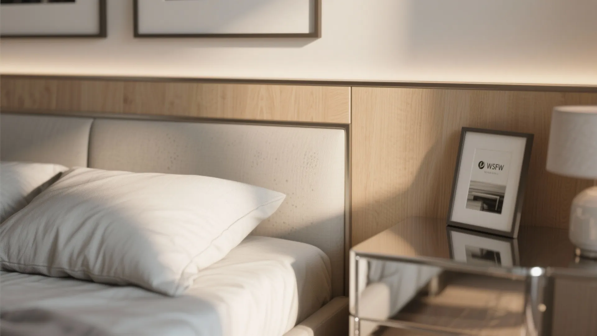 Modern bedroom detail with white pillow and wood wall panel next to a bedside table