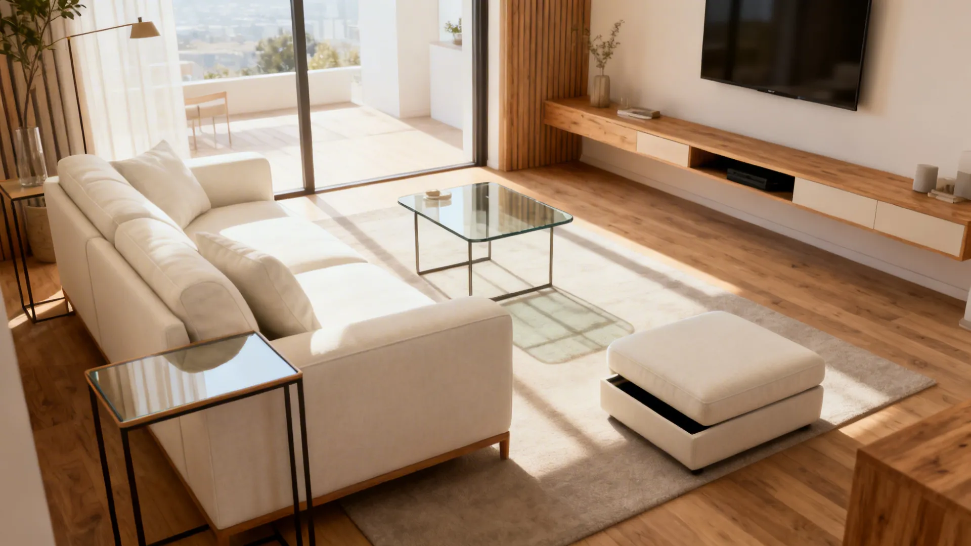 Compact living room with an off-white couch and slim furniture to keep sightlines open and the space airy.