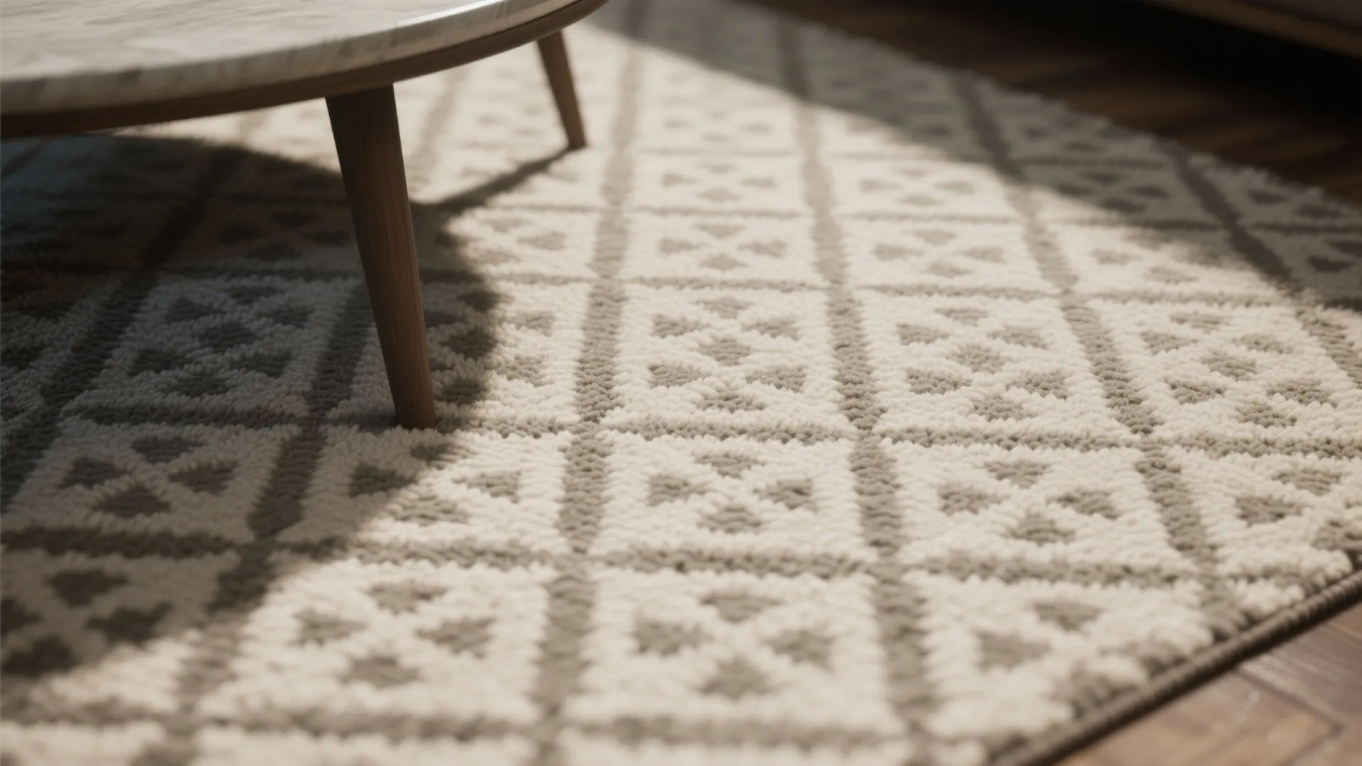 Close up of a cream rug with geometric pattern under a wooden coffee table in sunlight