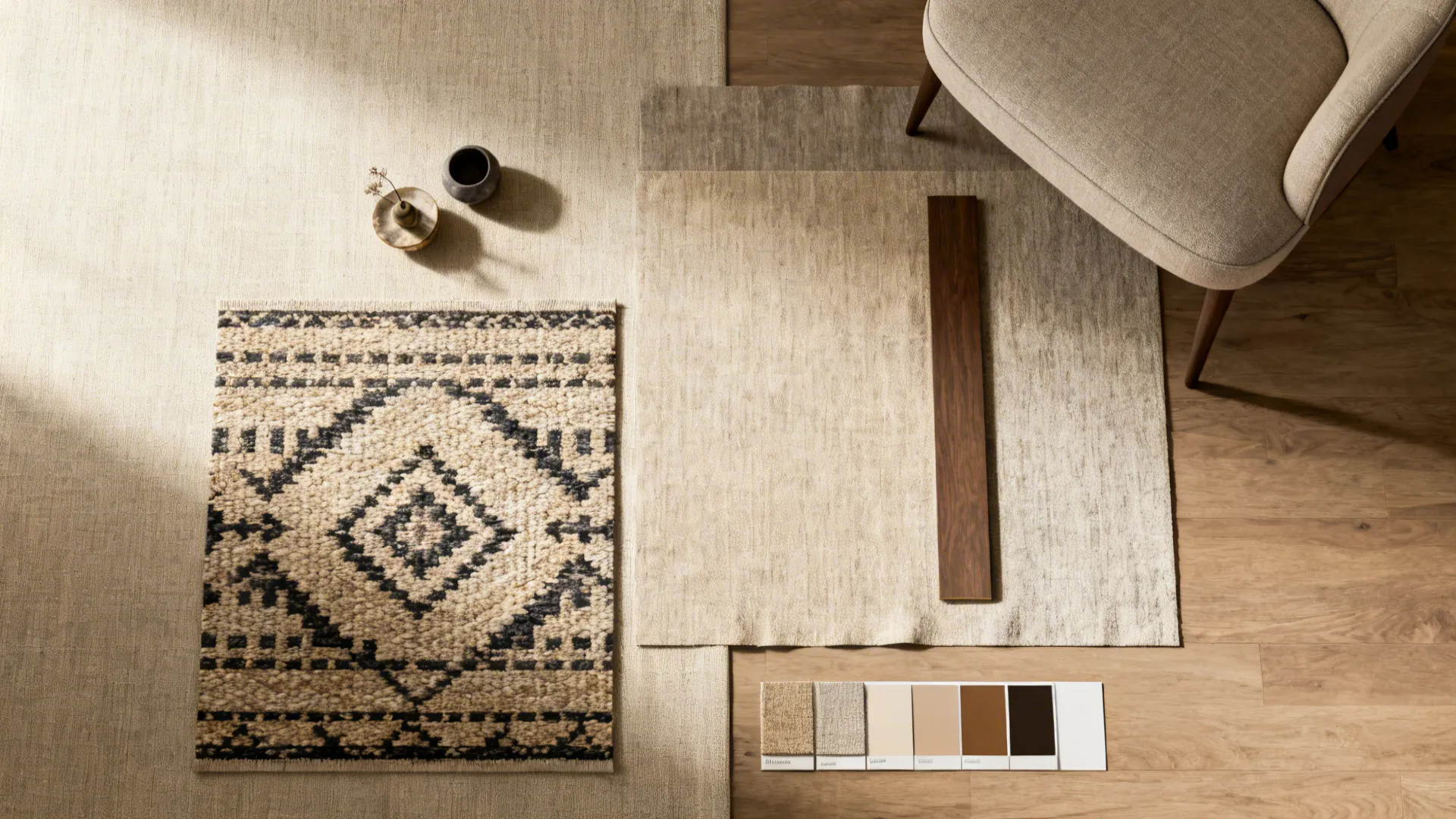 Top-down flatlay of petite rug, fabric samples and warm neutral color chips
