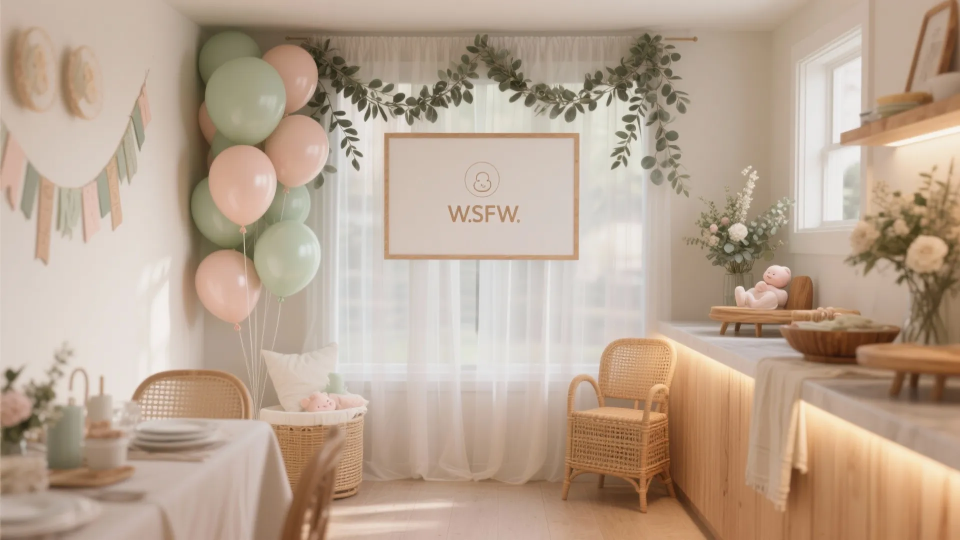 Soft dining area with pink and green balloons, wicker chair, wooden table, and white curtains