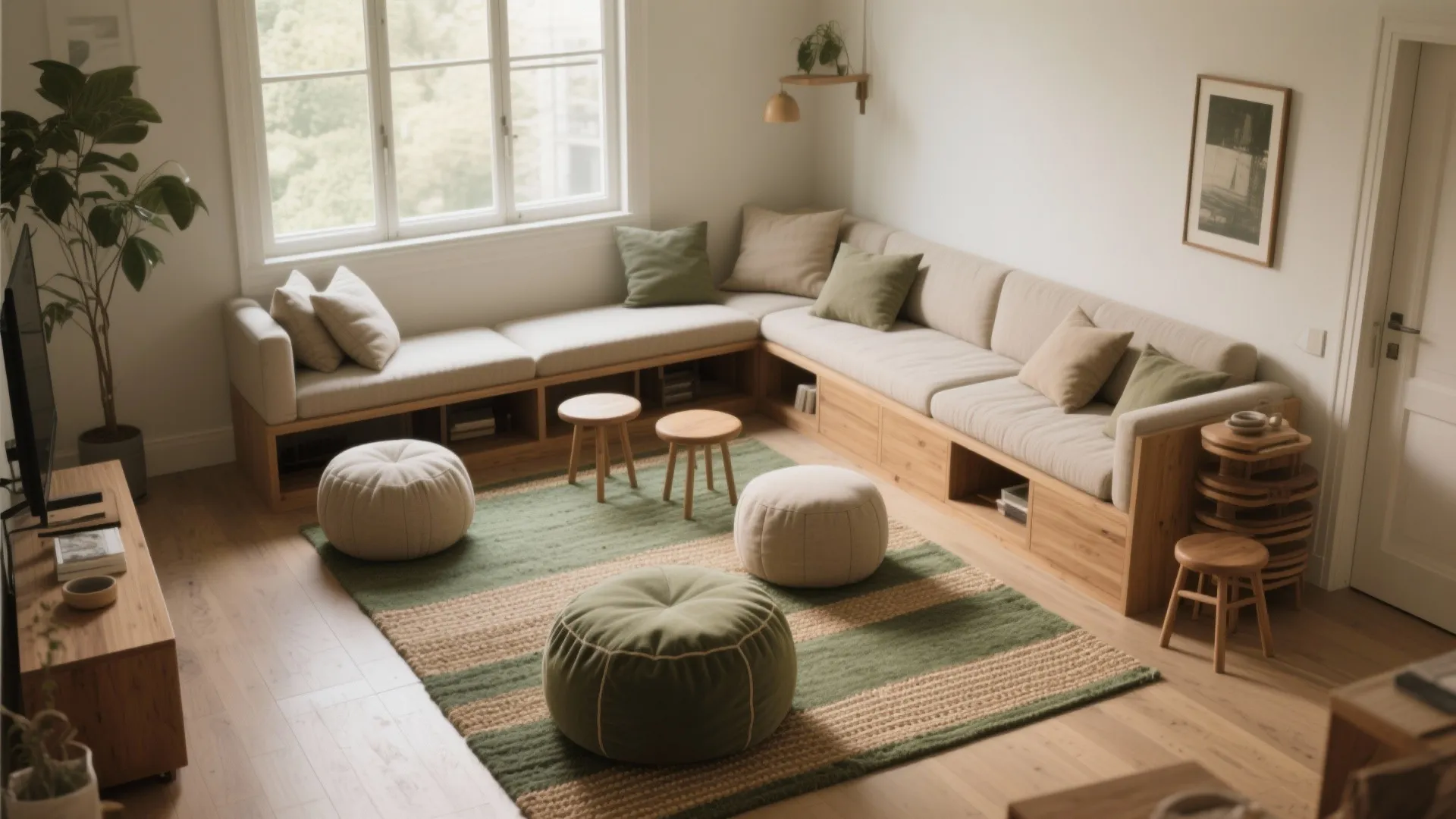 Modern living room with a large wooden corner bench, soft cushions, and several round footrests